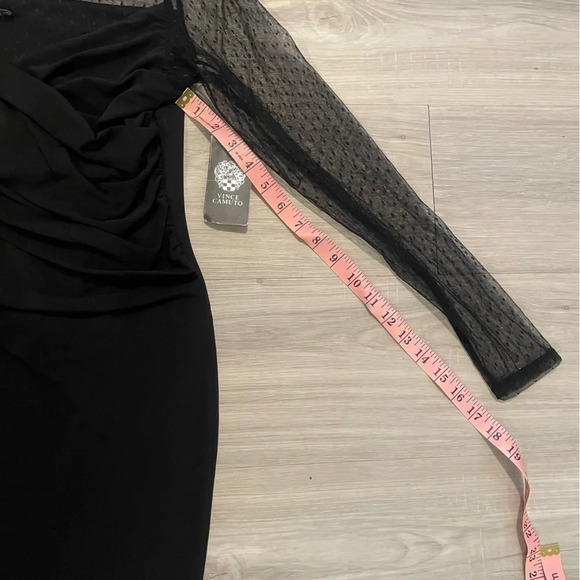 NWT Vince Camuto black dot mesh long sleeve mini dress with ruching medium - Picture 12 of 14